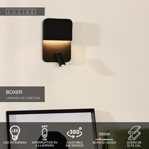 Lucide BOXER - Lámpara de cabecera / Lámpara de pared - LED - 3000K - Con punto de carga USB - Negro - USP